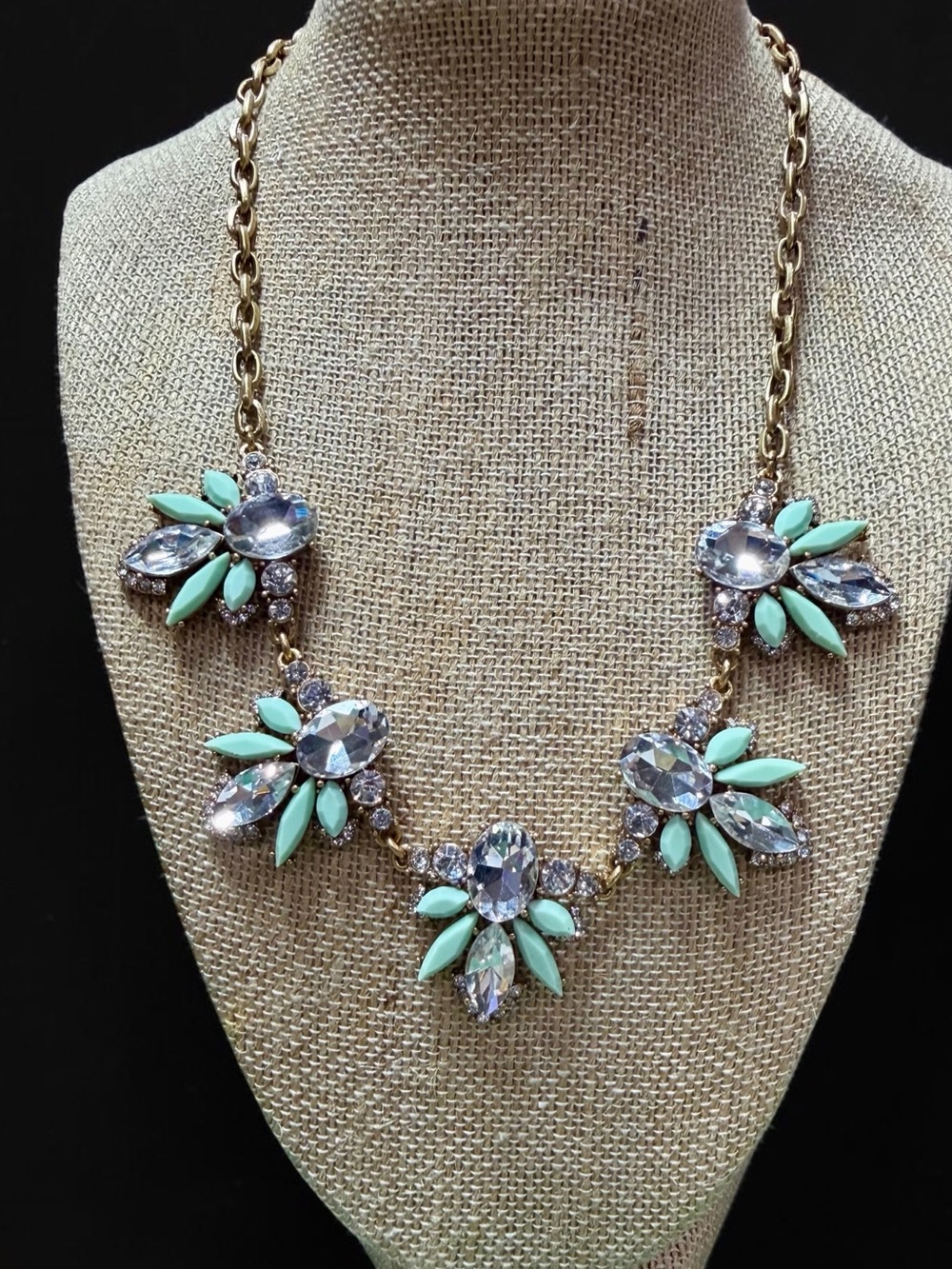 J. Crew Blue Rhinestone Crystal Bib Statement Necklace Aqua & Sapphire Gold Tone